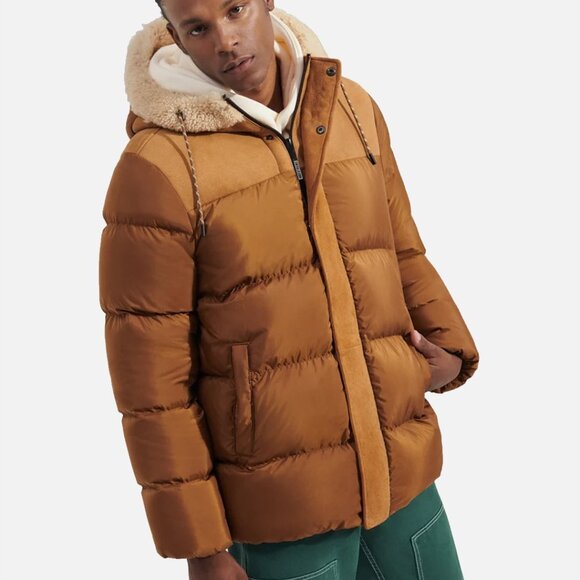 UGG SHASTA DOWN PUFFER JACKET SUEDE LEATHER GENUINE SHEARLING FUR COAT MENS XL